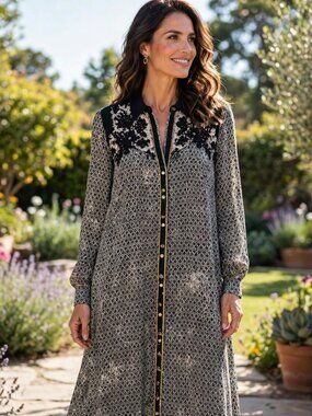 BIBA Black & White Patterned Maxi Dress — Size 34 — Floral Yoke